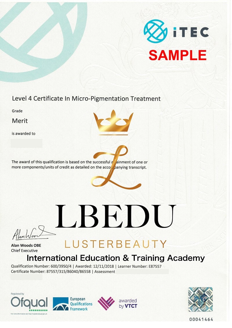 ITEC OFQAUL LEVEL 4 CERTIFICATE IN MICRO-PIGMENTATION SEMI PERMANENT MAKEUP RQF EQF SAMPLE VTCT (iTEC) Level 4 CERTIFICATE 高級半永久化妝紋繡全科國際資歷架構認證課程 RQF EQF 