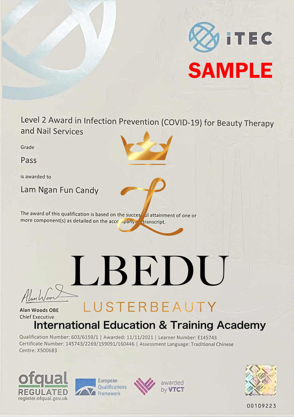 Luster Beauty LBEDU VTCT iTEC Level 2 Award in Infection Prevention (COVID-19) for Beauty Therapy and Nail Services sample certificate